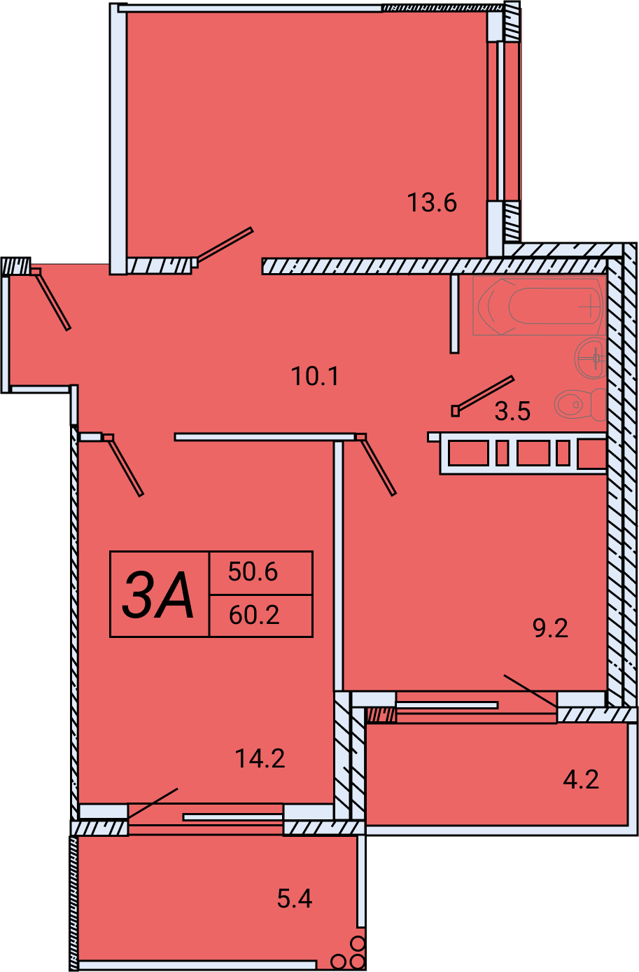 1-комнатная квартира 59,9 в КА «Аврора»