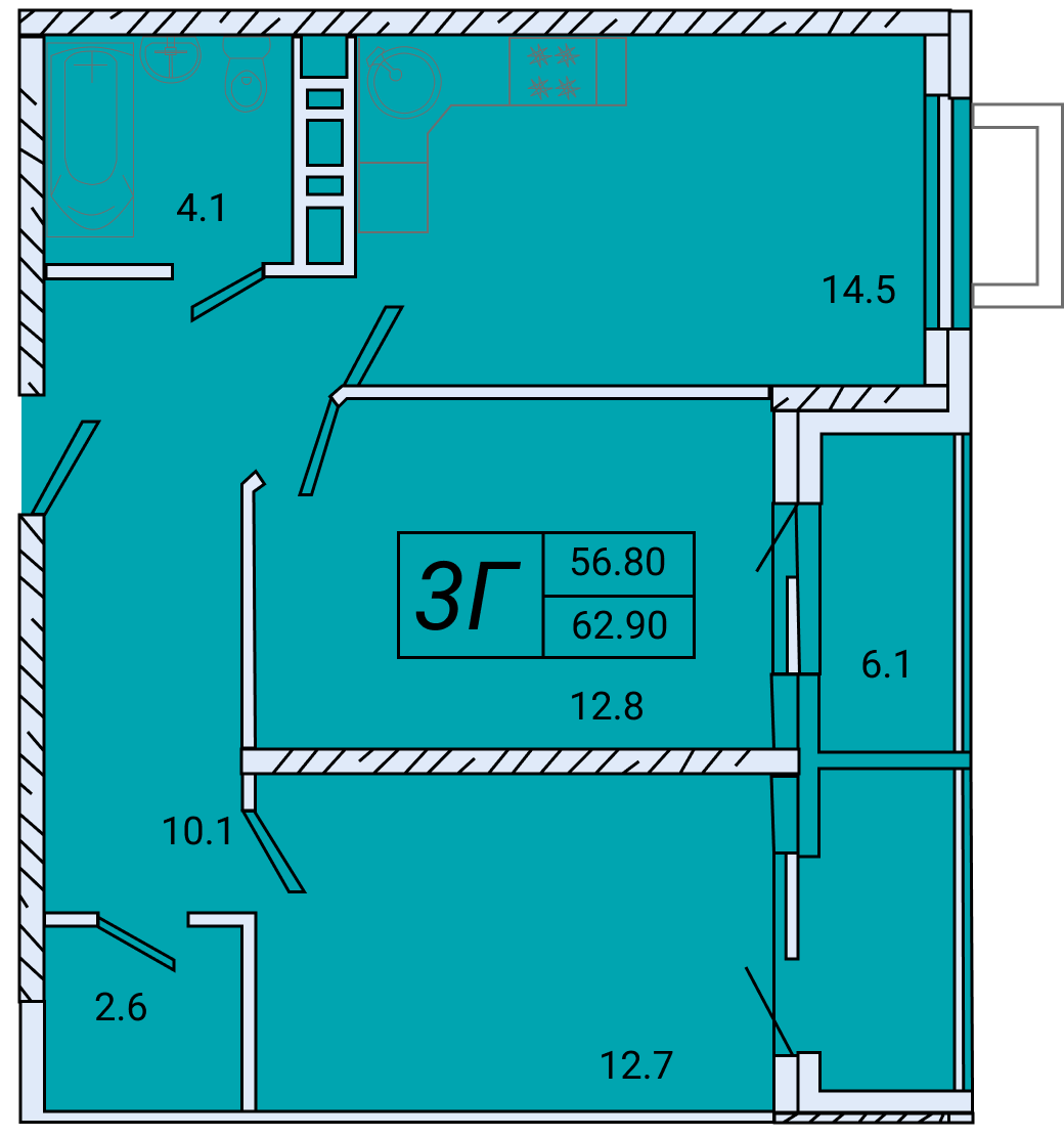 2-комнатная квартира 62,9 в КА «Аврора»