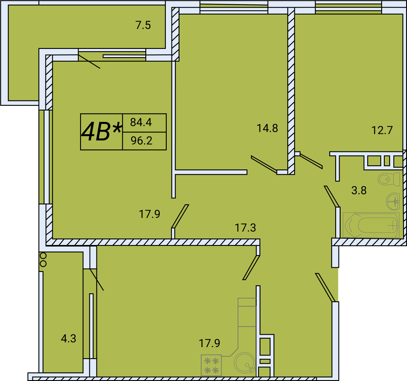 3-комнатная квартира 96,2 в КА «Аврора»